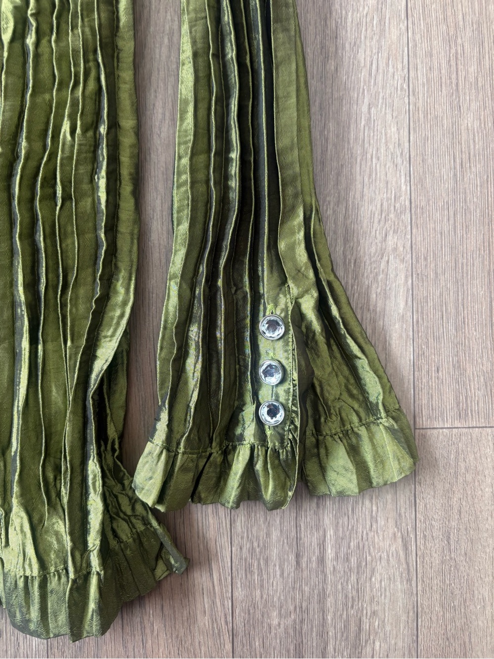 Textured Olive Green Ruffled Button-Front Blouse - Picture 2 of 5